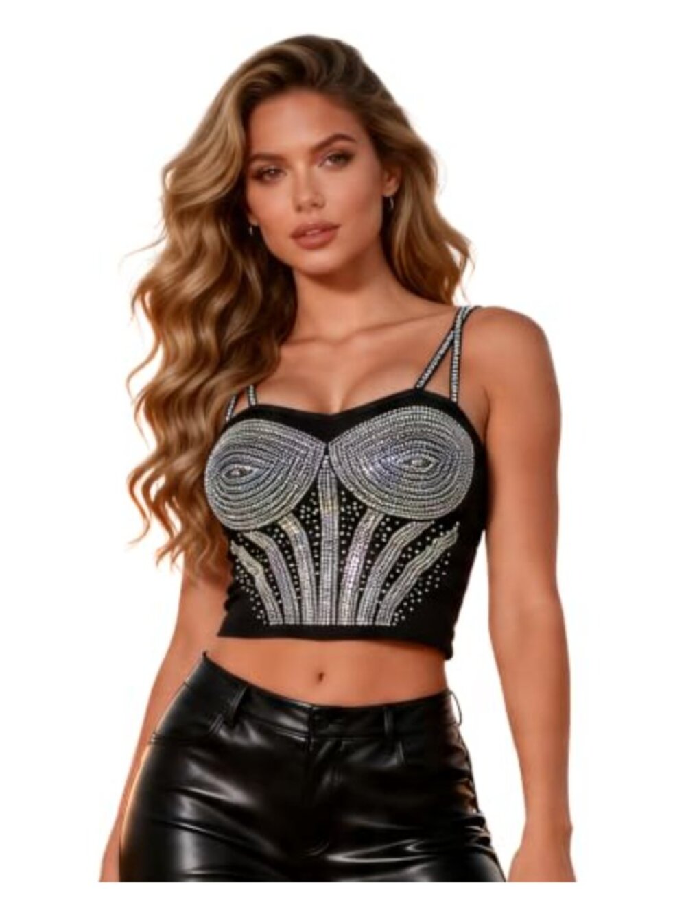 Rhinestone Crop Cami Tank Top with Cutouts Sleeveless Party Sparkle